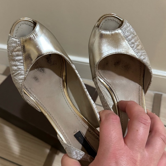 Louis Vuitton Satin Metallic Gold Motard Piccadilly Peep Toe Slingback Platform - Picture 6 of 13